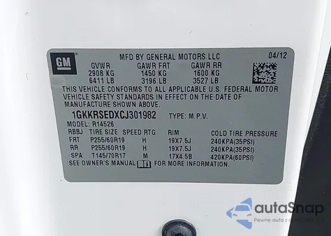 2012 GMC Acadia Slt-2 z USA, uszkodzony, nr VIN 1GKKRSEDXCJ301982